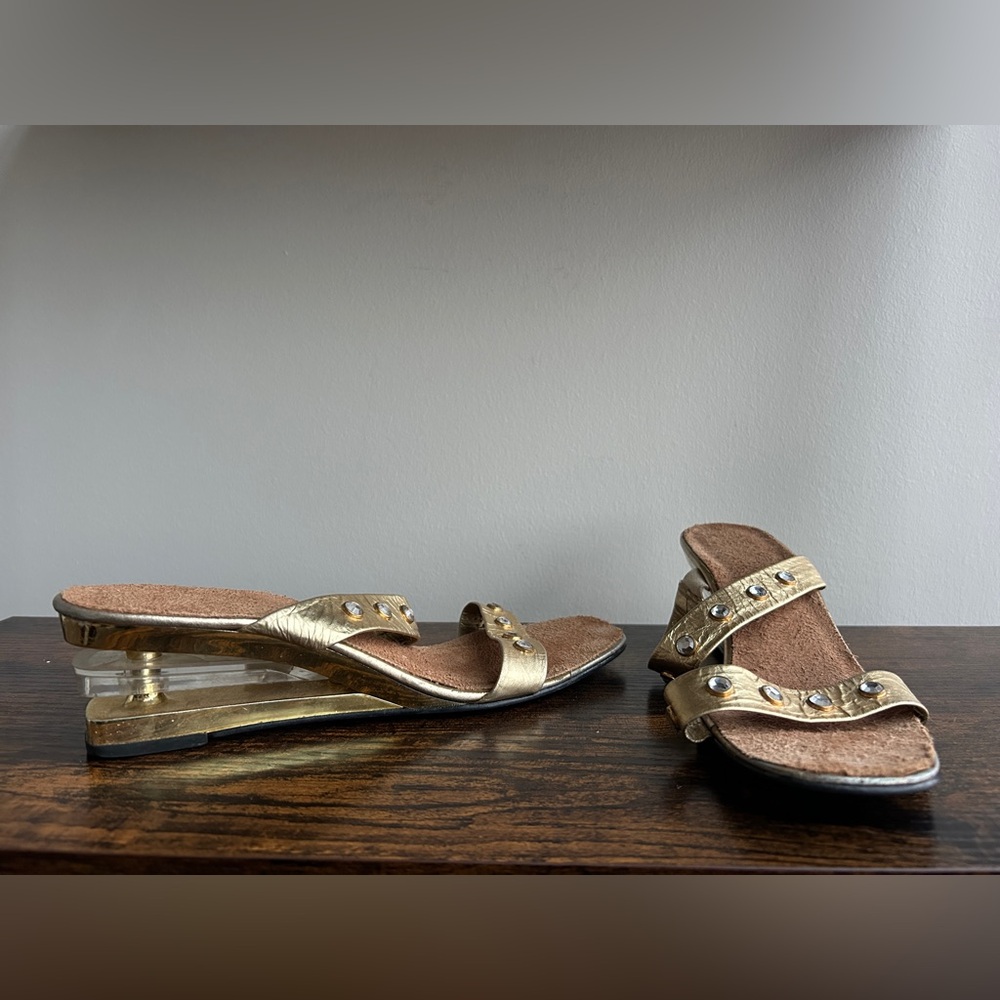 Gold Leather Studded Sandals Lucite Heel Italian Size 40 Statement Heels